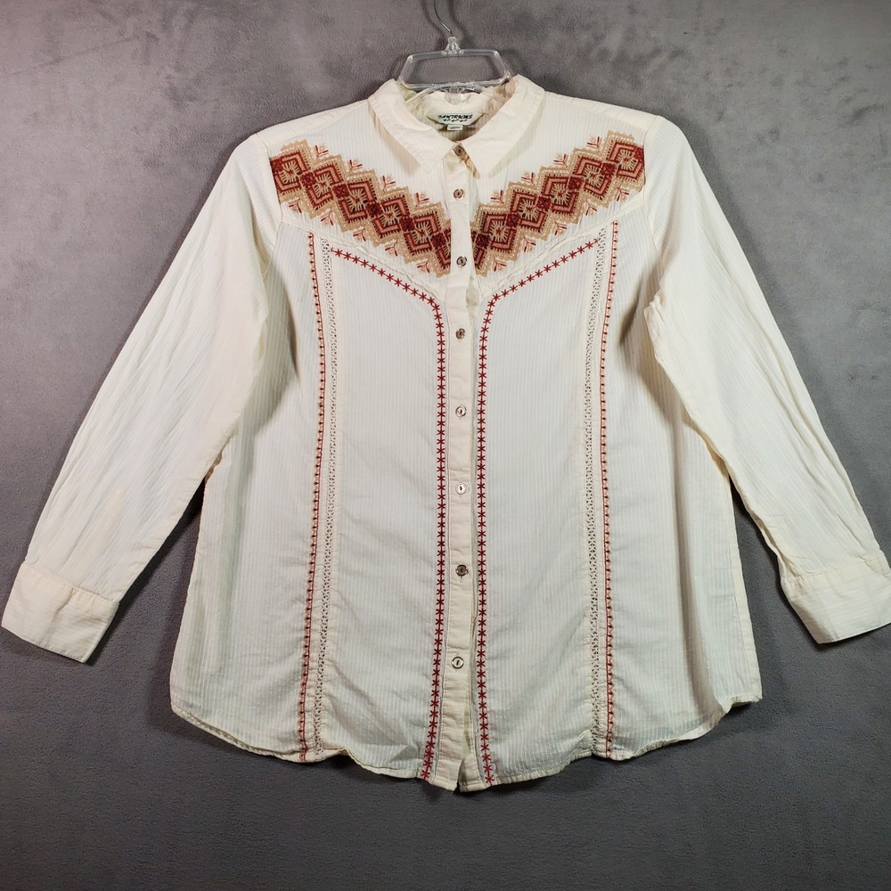 VTG Tantrums Shirt L Ivory Embroidered Long Sleeve Button Up Southwestern Boho‎